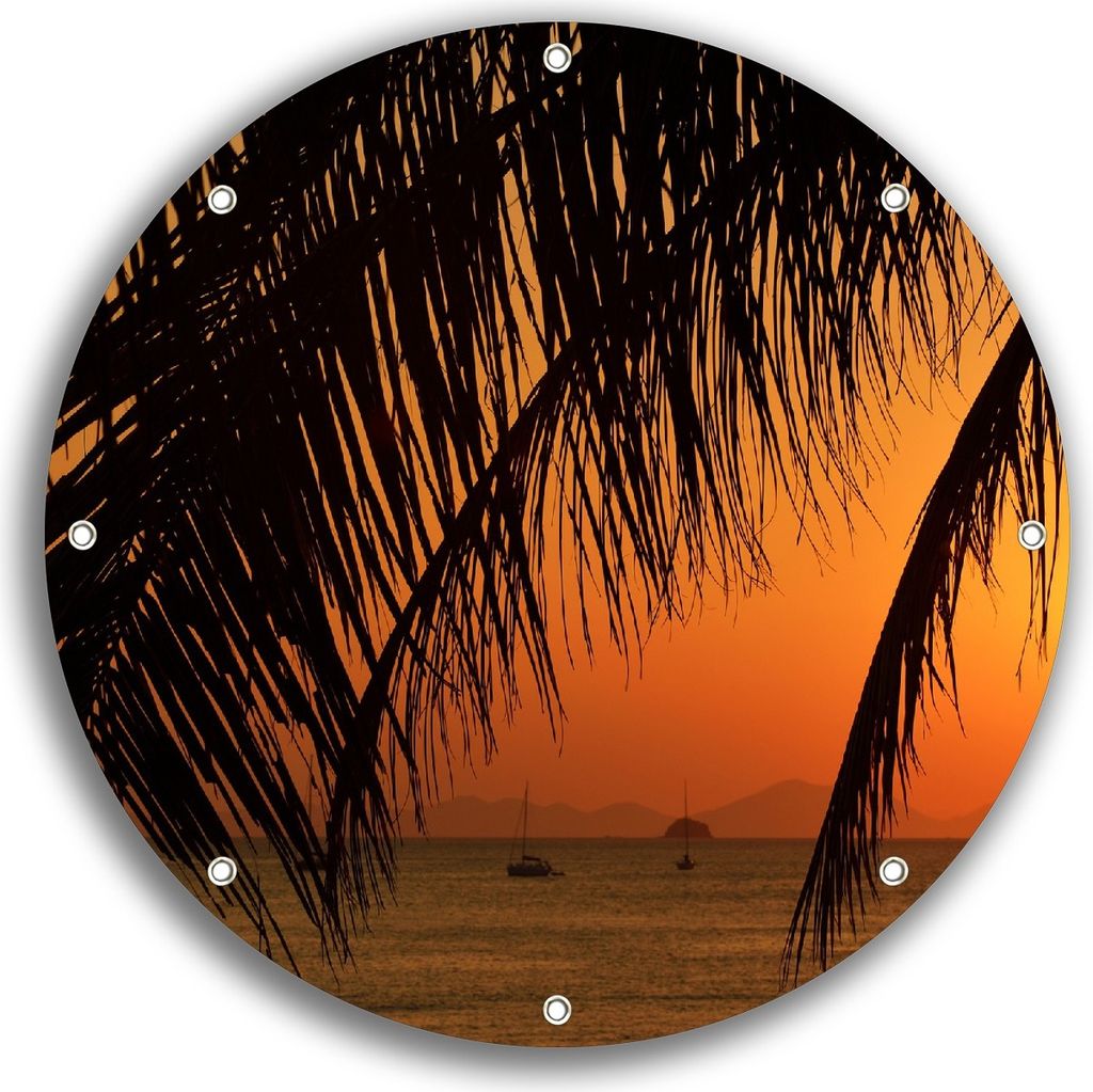 Wallario rundes Outdoor-Poster für Garten oder Balkon, Motiv Sonnenuntergang unter Palmenblättern, 30 cm Durchmesser