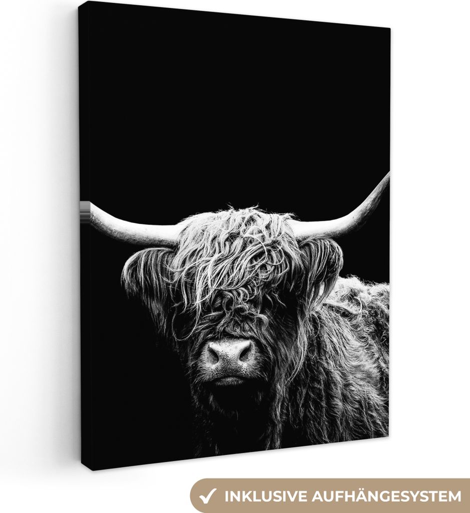 MuchoWow - Leinwandbilder - Schottischer Highlander - Kuh - Schwarz - Weiß - Tiere, Wandbild, Wanddeko Bilder Wohnzimmer, 90x120 cm