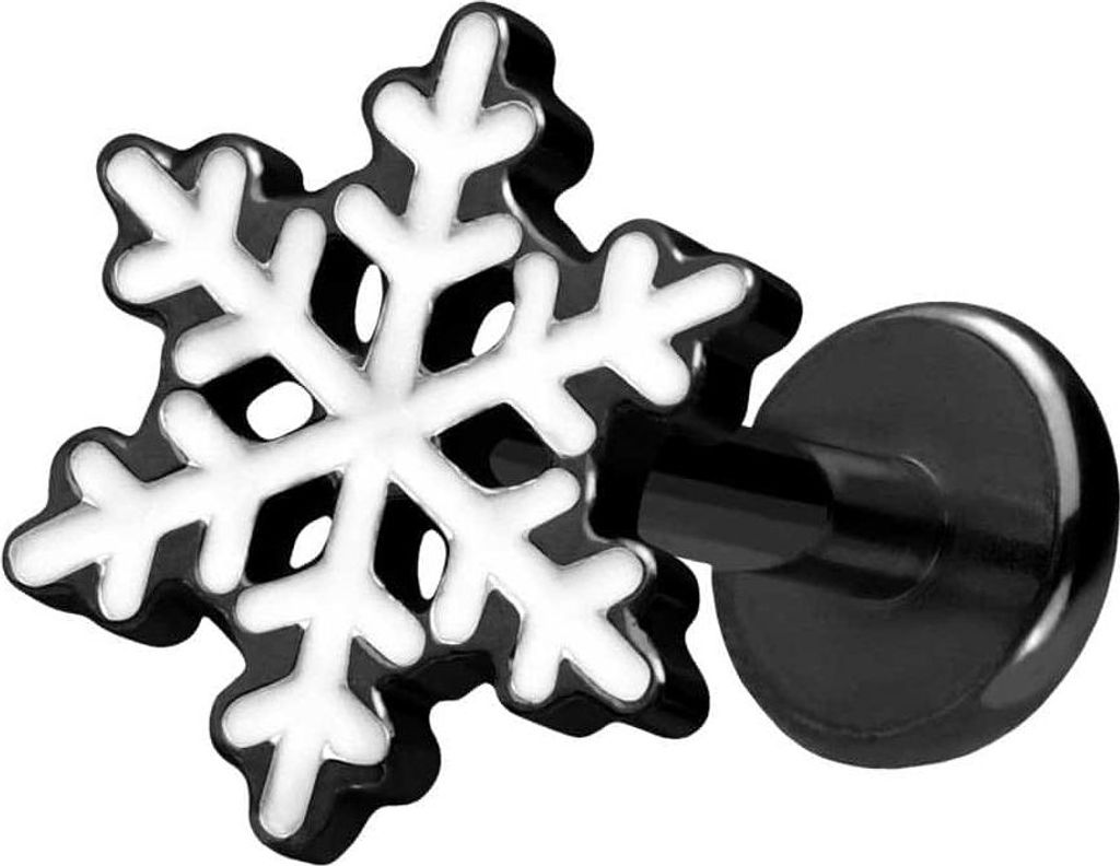 Ohrpiercing, Nasenpiercing Titan Labret mit Push Fit SCHNEEFLOCKE Schwarz Stablänge: 9mm | Stabstärke: 1,2mm