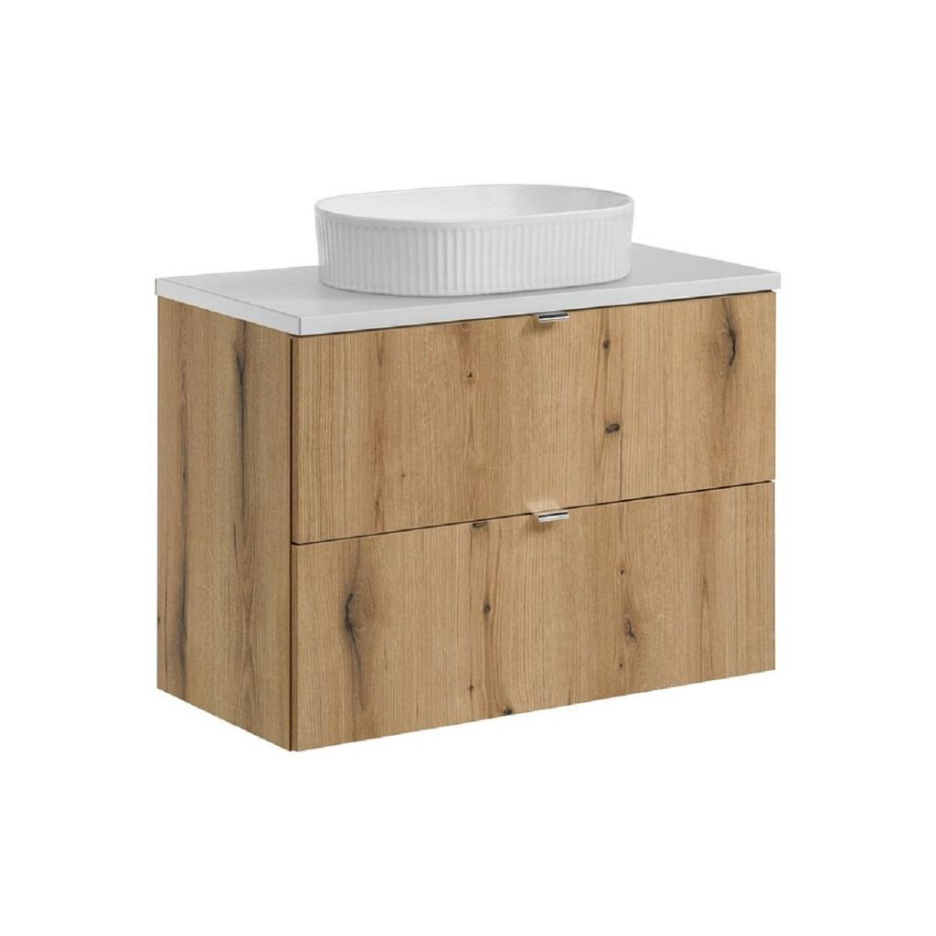 Badmöbel-Set 80 cm mit Arbeitsplatte, Aufsatzwaschbecken & unterschrank 2 Schubladen, Nova Oak N BM268 - Evoke Eiche/Weiß Matt