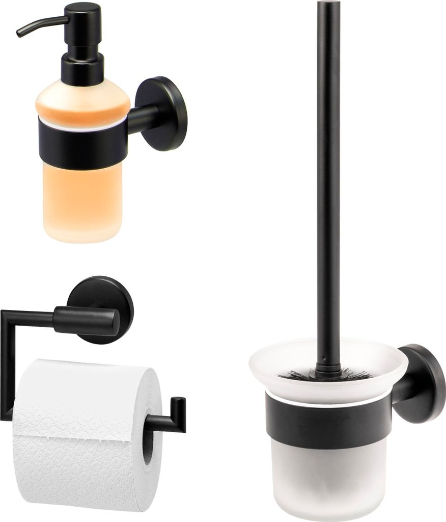 bremermann Bad-Serie PIAZZA BLACK 3er Set - Toilettenpapierhalter WC-Garnitur und Seifenspender, aus Edelstahl schwarz