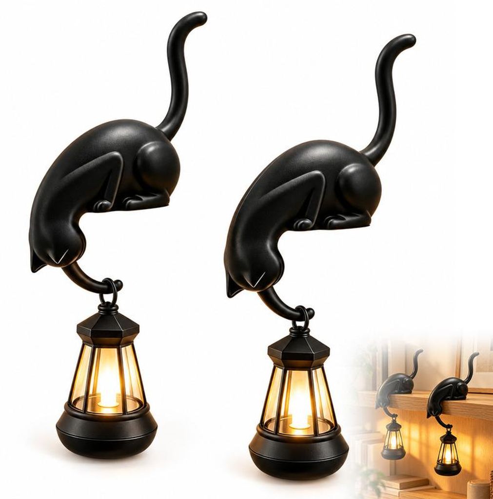 Katzenlampe 2er Set, Katzenfigur als Buchablage Dekolampe, Produktbild 
