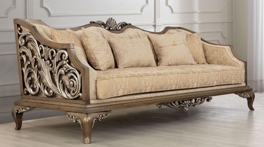 Casa Padrino Luxus Barock Sofa Beige / Gold / Braun / Silber - Wohnzimmer Sofa im Barockstil - Barock Wohnzimmer Möbel - Edel & Prunkvoll