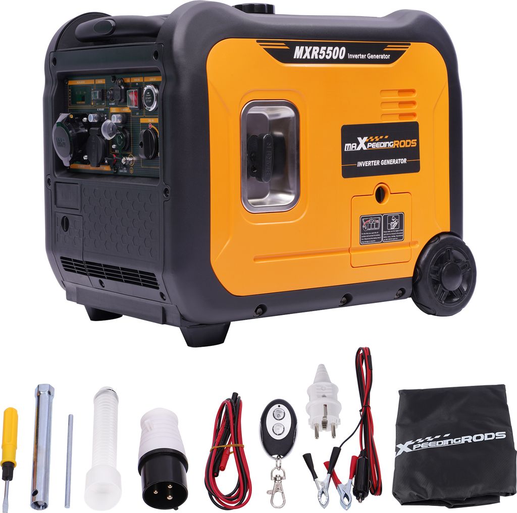 A generator and its accessories are displayed against a white background.