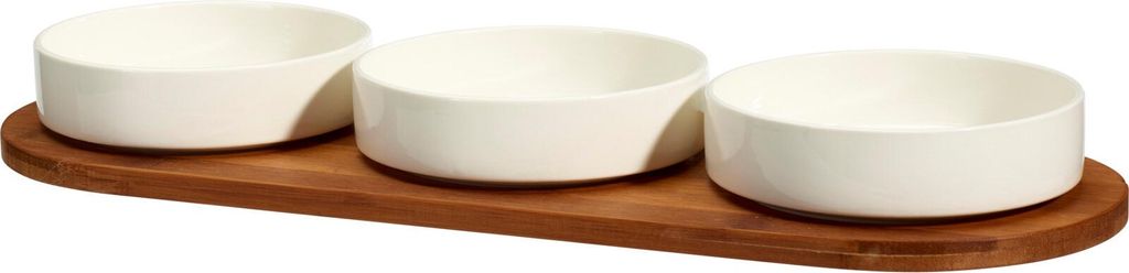 Porzellanschalen für Snacks APERIO, 3 x 390 ml, Bambustablett