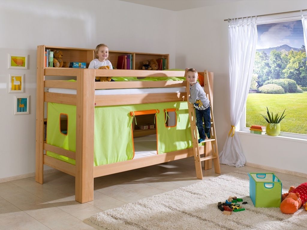 Etagenbett Jan Buche Natur lackiert mit Bücherregal 90x200 cm