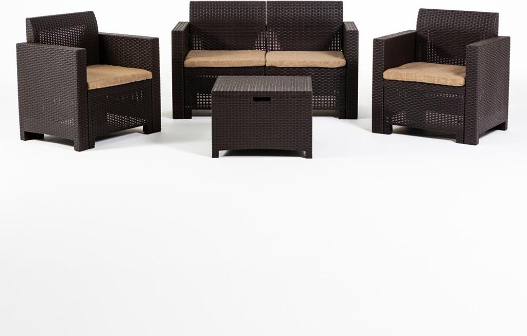 Garten-Loungeset aus Rattanoptik-Harz mit 2-Sitzer-Sofa, 2 Sesseln und Aufbewahrungstisch – leicht, pflegeleicht und mit abnehmbaren Kissen, idea...