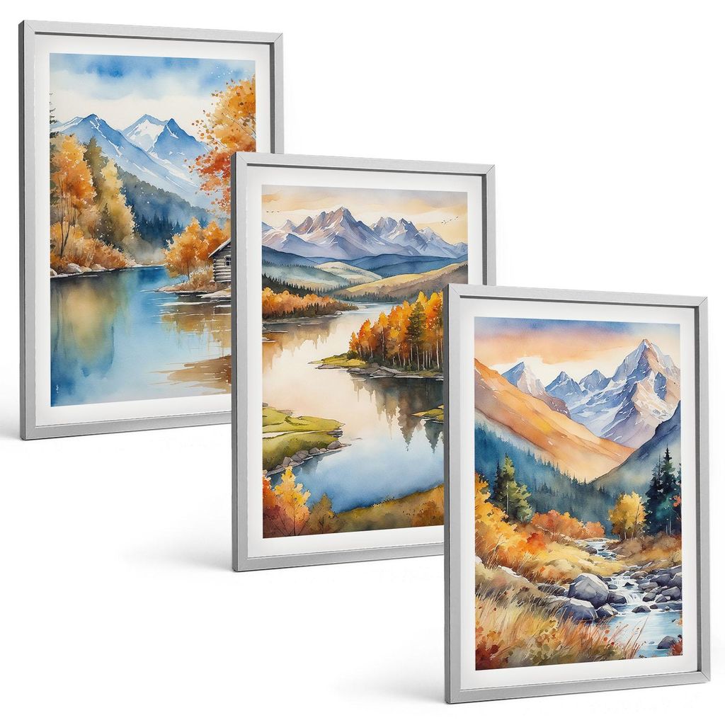 Bilder Set 3-teilig im silbergerahmten Rahmen – Wandbilder 3 Stück – gerahmte Poster für Wohnzimmer, Schlafzimmer und Flur – 40x60 cm – G...