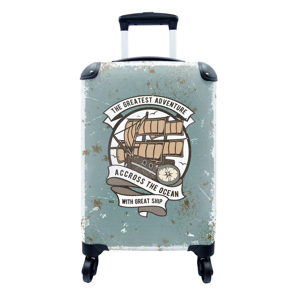 MuchoWow Koffer Handgepäck Trolley Rollkoffer Kleine Reisekoffer mit 4 Rollen - Boot - Kompass - Retro - Illustration - Cabin Size < 55x40x23 cm...