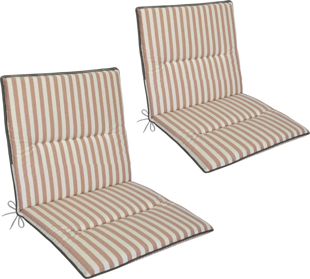 LILENO HOME Gartenstuhl Auflagen als [2er Set - Niedriglehner] in Streifen Rosa + Keder Grau - bequeme Liegen als Sitzauflagen für Gartenmöbel - ...