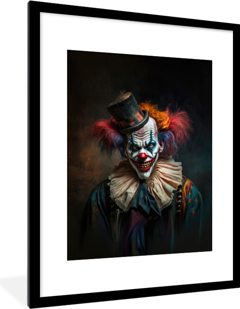 MuchoWow Gerahmtes Poster Clown - Hut - Kragen - Porträt - Killerclown 60x80 cm - Poster mit Schwarzem Bilderrahmen Wandposter Rahmen Foto Bilde...