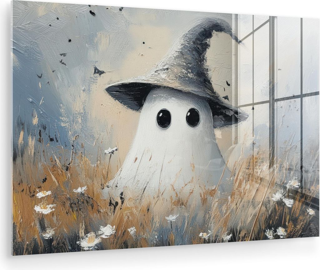 MuchoWow Glasbilder - Bilder auf Wandbild - Foto auf Glas Halloween - Geist - Hexenhut - Abstrakt - Grau 120x80 cm Wanddekoration aus Glas - Acrylg...