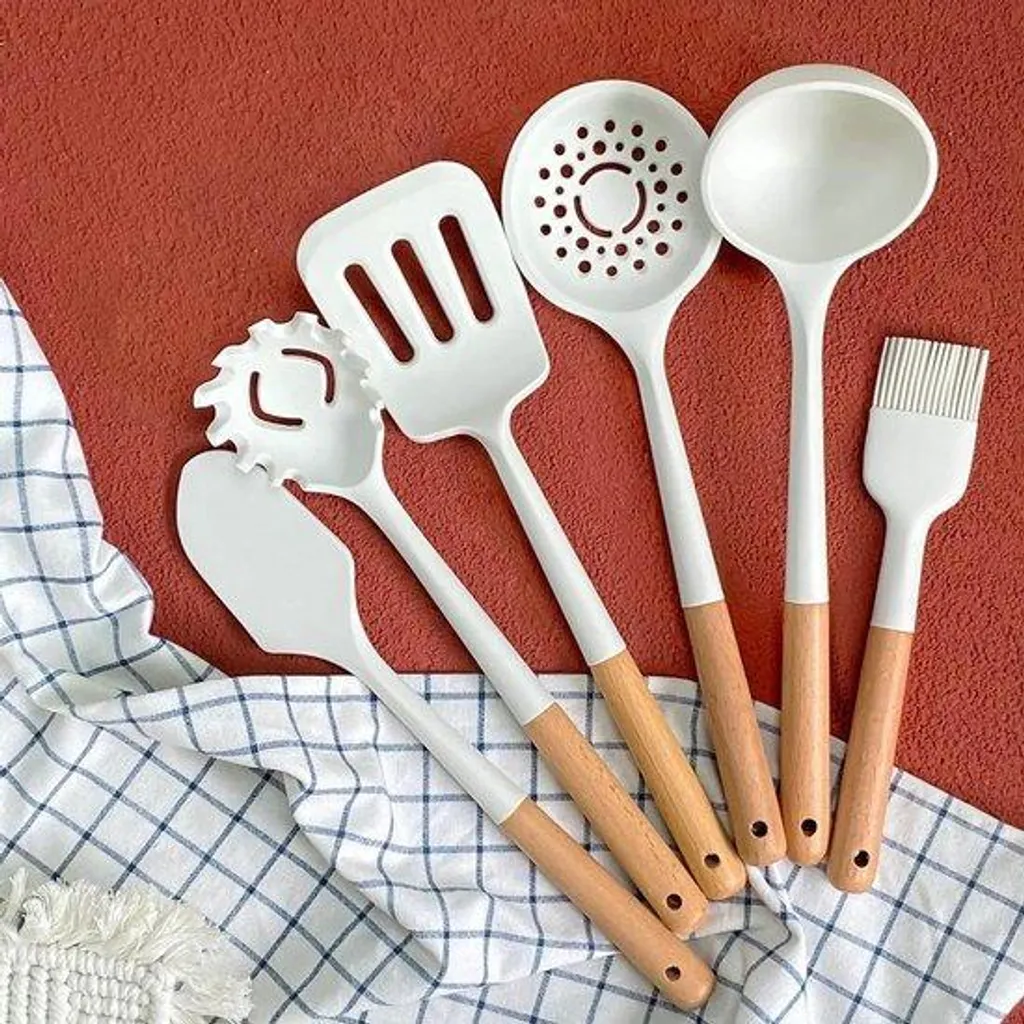 Set d'ustensiles de cuisine en silicone blanc - 6 pièces premium