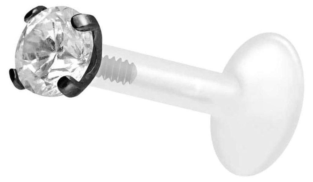 Ohrpiercing, Nasenpiercing PTFE Labret mit Innengewinde + Titan-Aufsatz EINGEFASSTER KRISTALL Schwarz Stablänge: 10mm | Stabstärke: 1,2mm | Krist...