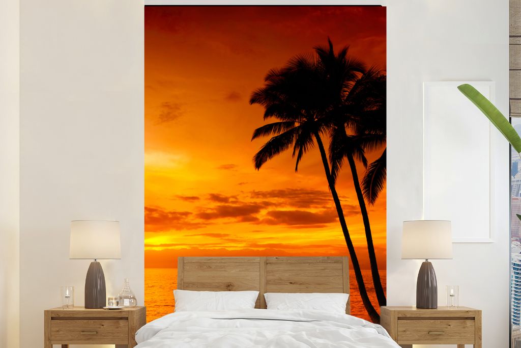 MuchoWow Fototapete für Wohnzimmer oder Schlafzimmer Wandtapete Vinyl Motivtapete Palme - Sonnenuntergang - Tropisch - Orange - Meer - 180x280 c...