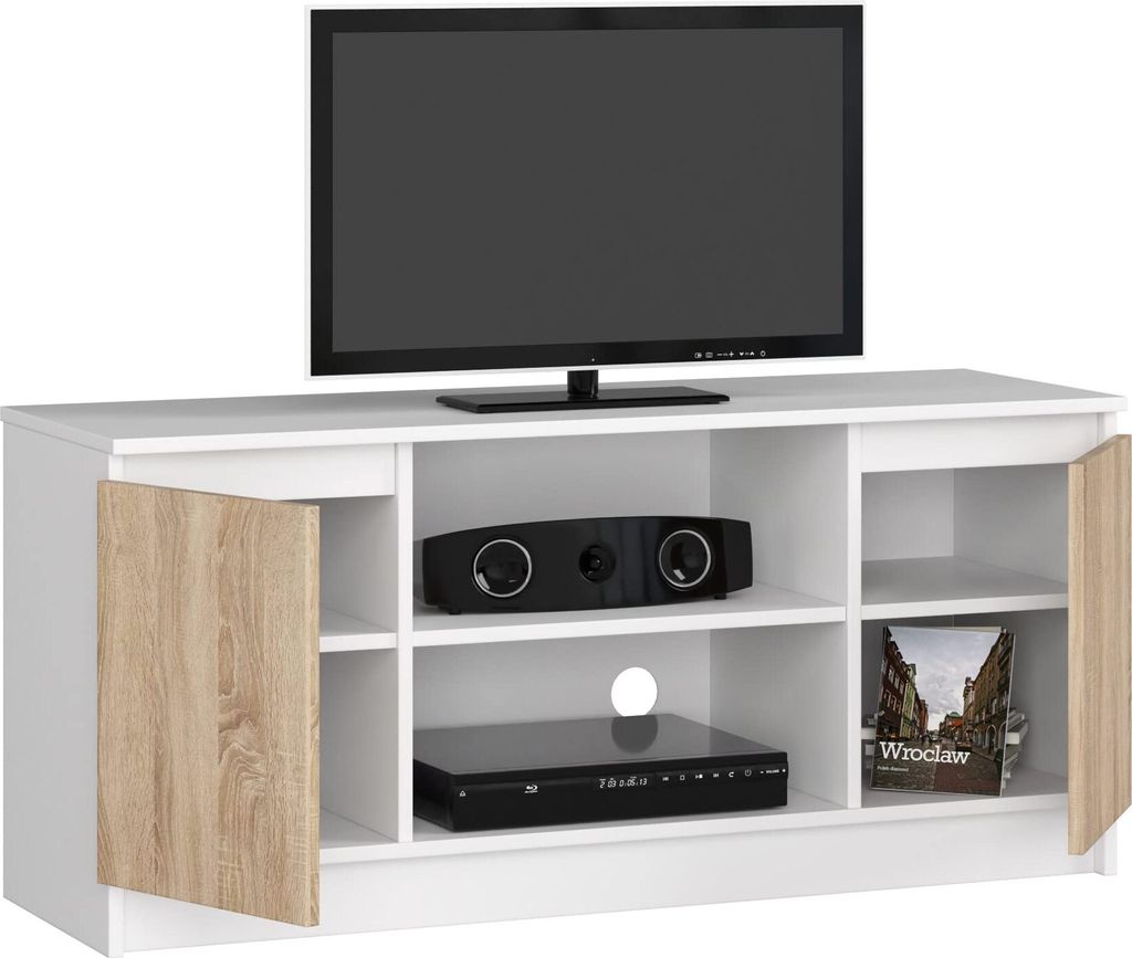 BDW, Kommode, RTV Schrank, TV Möbel, 120x55x40 cm, , Weiß - Sonoma Eiche