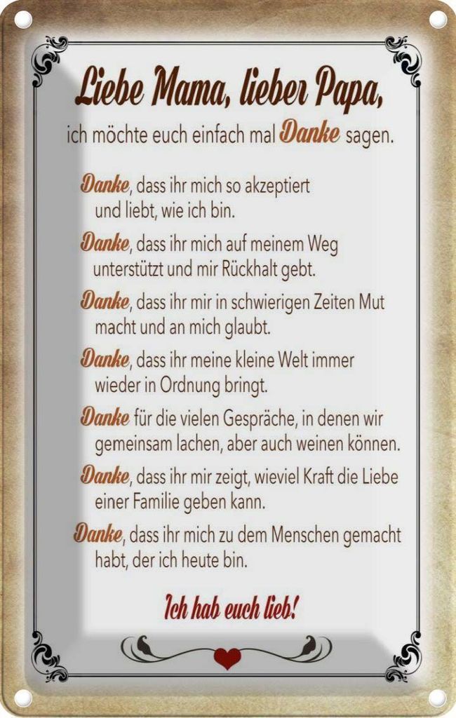 vianmo Blechschild 18x12 cm Mama Papa hab euch lieb danke Familie Freunde
