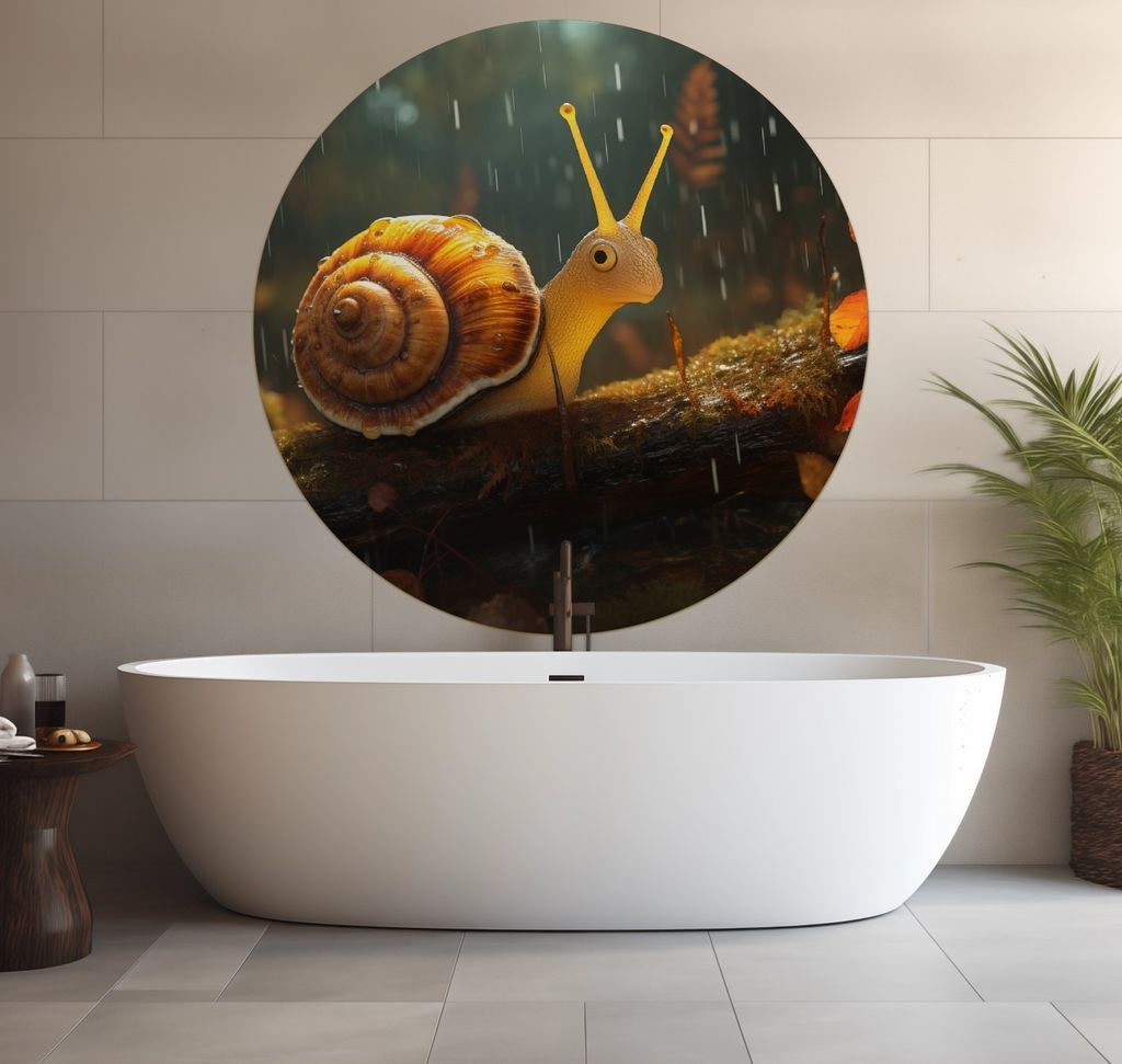 Wallario wasserfestes Poster selbstklebend 120 x 120 cm, Snail on Tree, Badezimmerposter Spritzschutz mit Hochglanzoberfläche in Glasoptik
