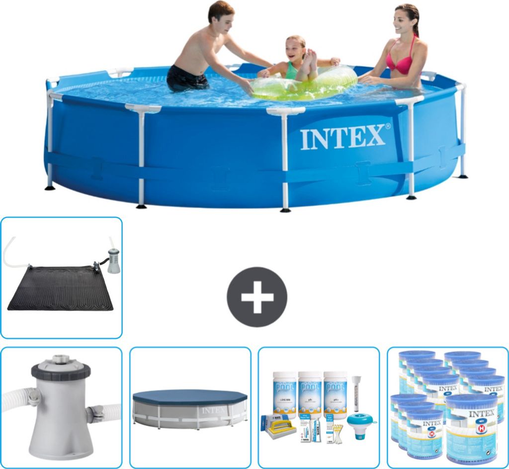 Intex Rundrahmen-Schwimmbecken – 305 x 76 cm – Blau – inklusive Pumpe Abdeckung - Wartungspaket - Filter - Solarmatte