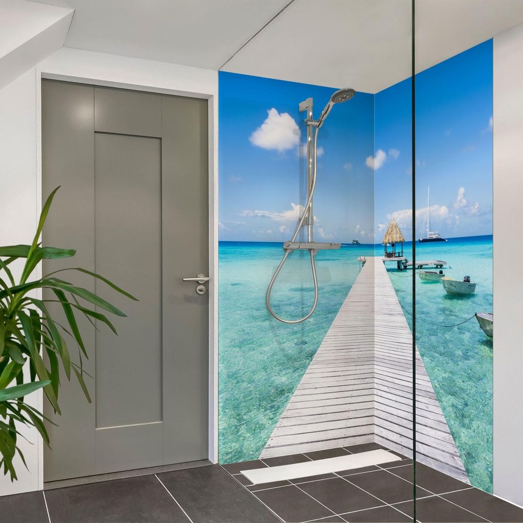 Duschrückwand Strand selbstklebend - 0.61 mm Wandpaneel wasserfest Karibik türkis Tropisch Badrückwand fugenlos Premium matt 110x200 cm