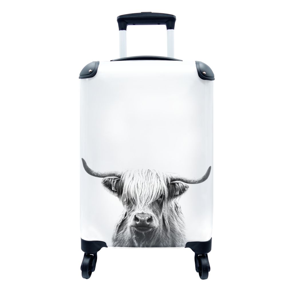 MuchoWow Koffer Handgepäck Trolley Rollkoffer Kleine Reisekoffer mit 4 Rollen - Schottischer Highlander auf weißem Hintergrund - schwarz und we...