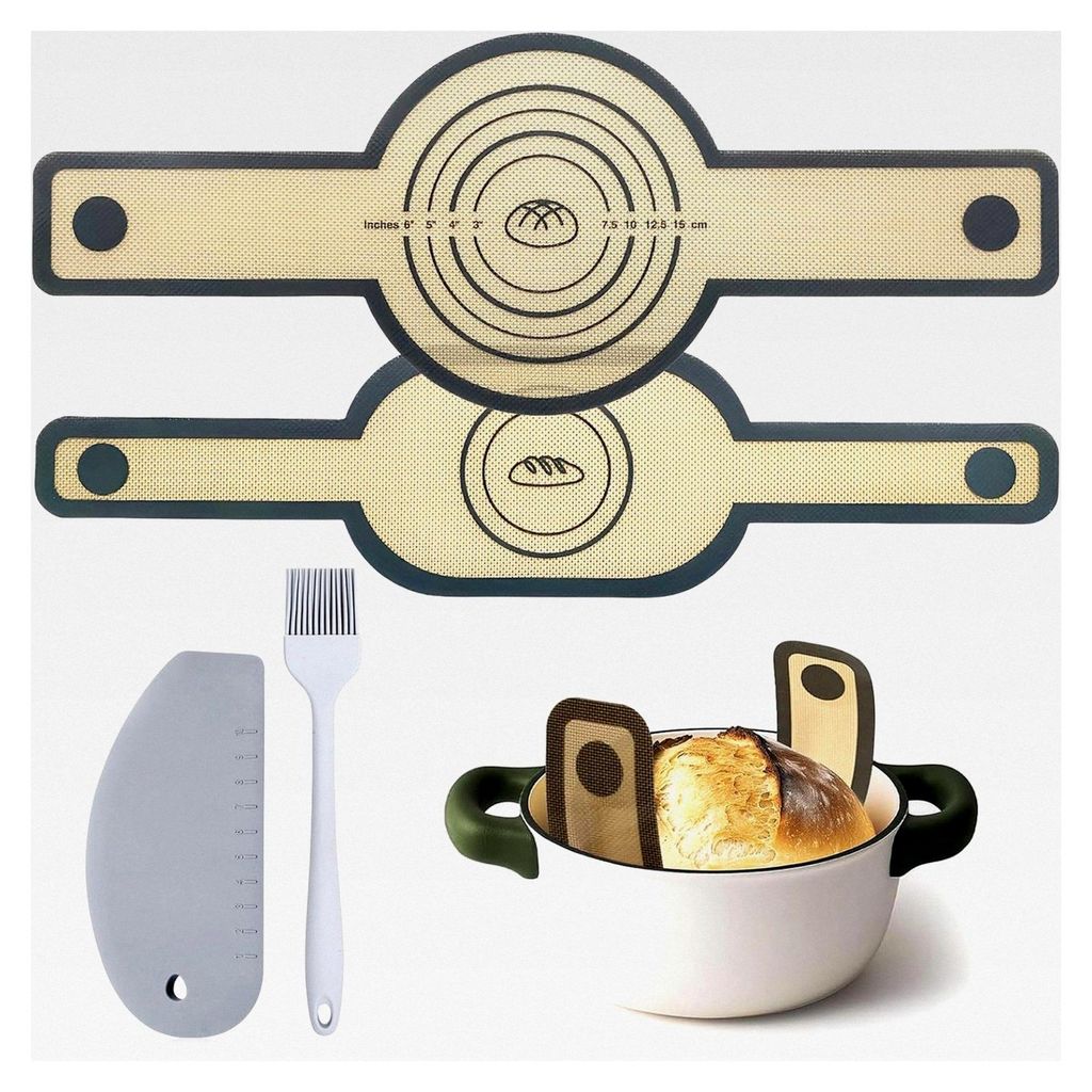 2 Stück Silikon Backmatte für Dutch Oven, Brotbackmatte mit Teigschaber und Backpinsel, Wiederverwendbare Silikonmatte mit langen Griffen, Grau