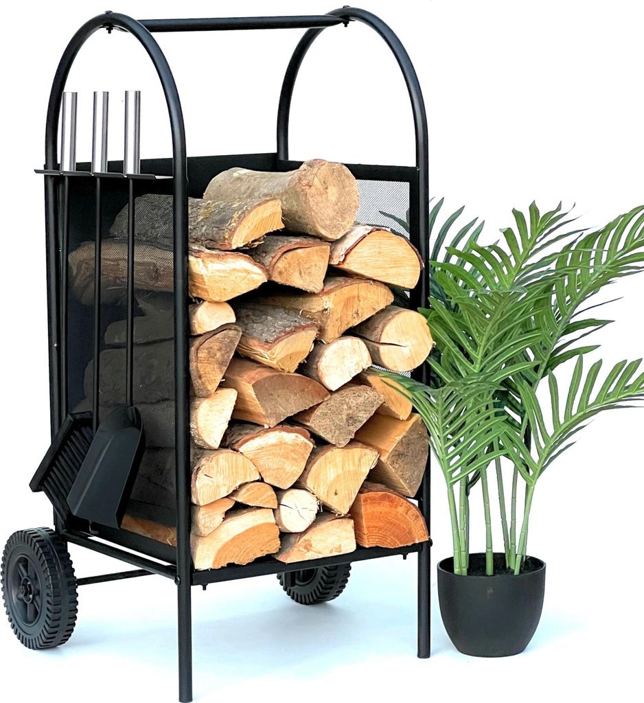 DanDiBo Kaminholzregal Innen Metall Schwarz Kaminholzständer 80 cm mit Kaminbesteck und Rädern 96358 Kaminholzwagen Holzkorb Kaminholzhalter Holz...