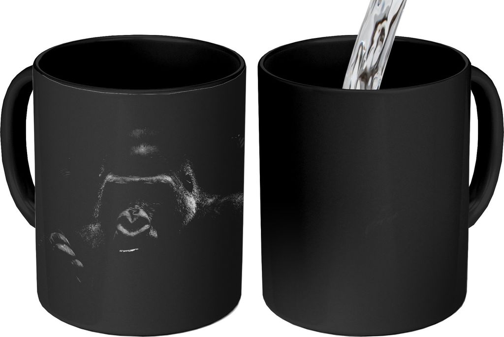 MuchoWow Zauber Tasse Zaubertasse Magic Panorama mit Gorillas im Dschungel - schwarz und weiß 350 ml Farbwechsel Becher Geschenk Geschenkidee - ...