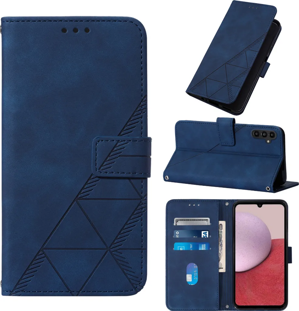 Custodia in pelle flip per Samsung Galaxy A15 con design a portafoglio e goffratura, porta carte e supporto blu