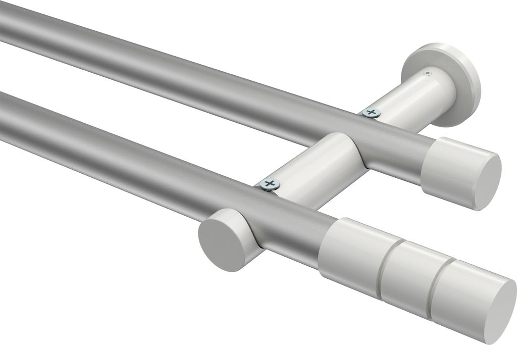 Interdeco Gardinenstange / Vorhangstange Silbergrau / Weiß, Typ Platon Elanto (Rillenzylinder) ohne Ringe, 20 mm Ø 2-läufig, 440 cm