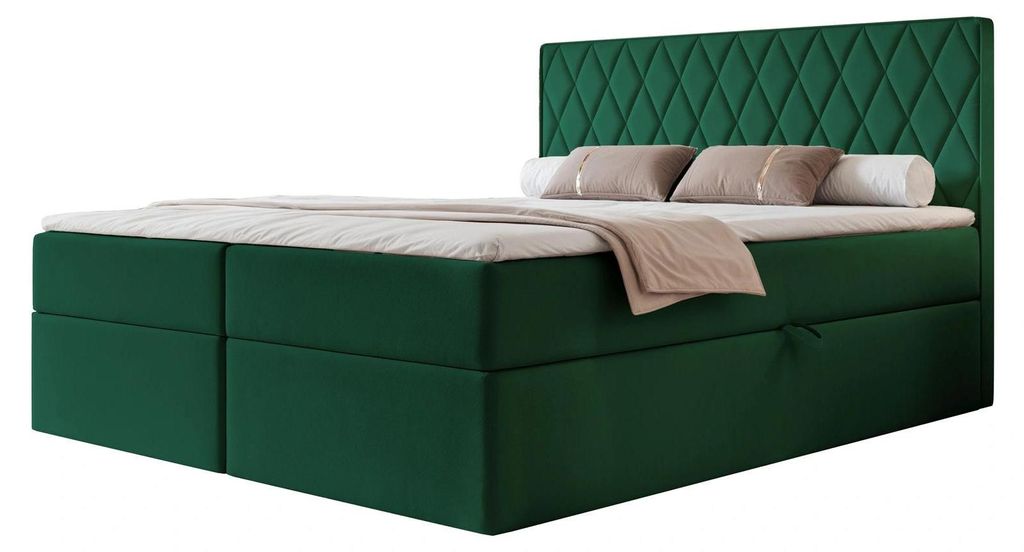 Boxspringbett PONTI 140x200 Rautensteppung Bettkasten Bonellmatratze Samt Dunkelgrün