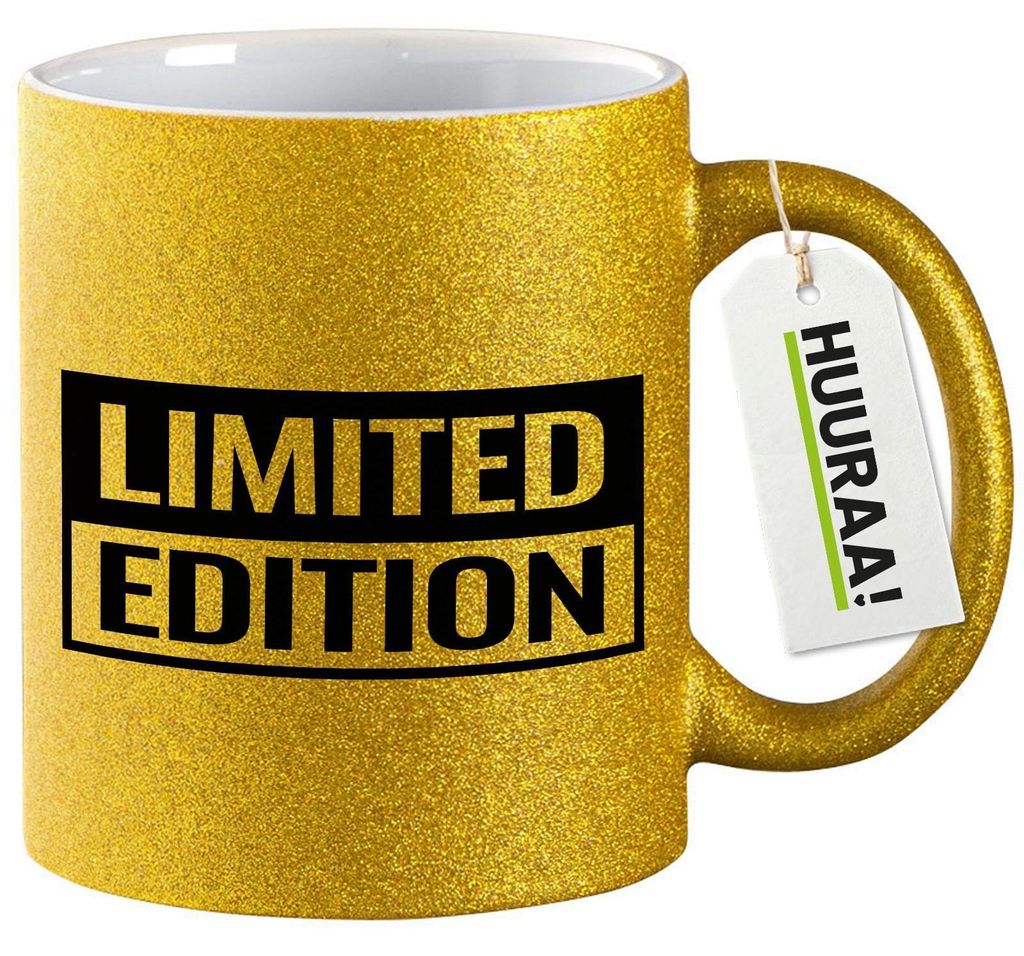 Huuraa Glitzertasse Limited Edition Schriftzug 330ml Gold Keramik Kaffeebecher Geschenkidee