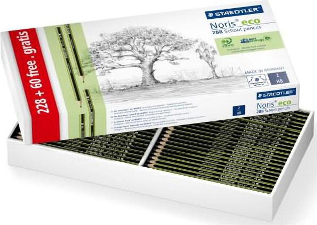 Bleistifte Härtegrad HB STAEDTLER Noris eco (hohe Bruchfestigkeit, rutschfeste Soft-Oberfläche, Wopex-Material,Class-Pack, 6 Metallspitzer gratis...