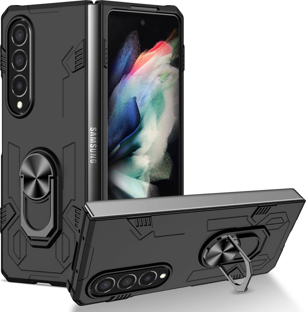 Galaxy Z Fold4 Hülle, Robust Harter PC, Stoßfest, Ringhalter, Ständer Schutzhülle für Samsung Galaxy Z Fold 4 5G Schwarz