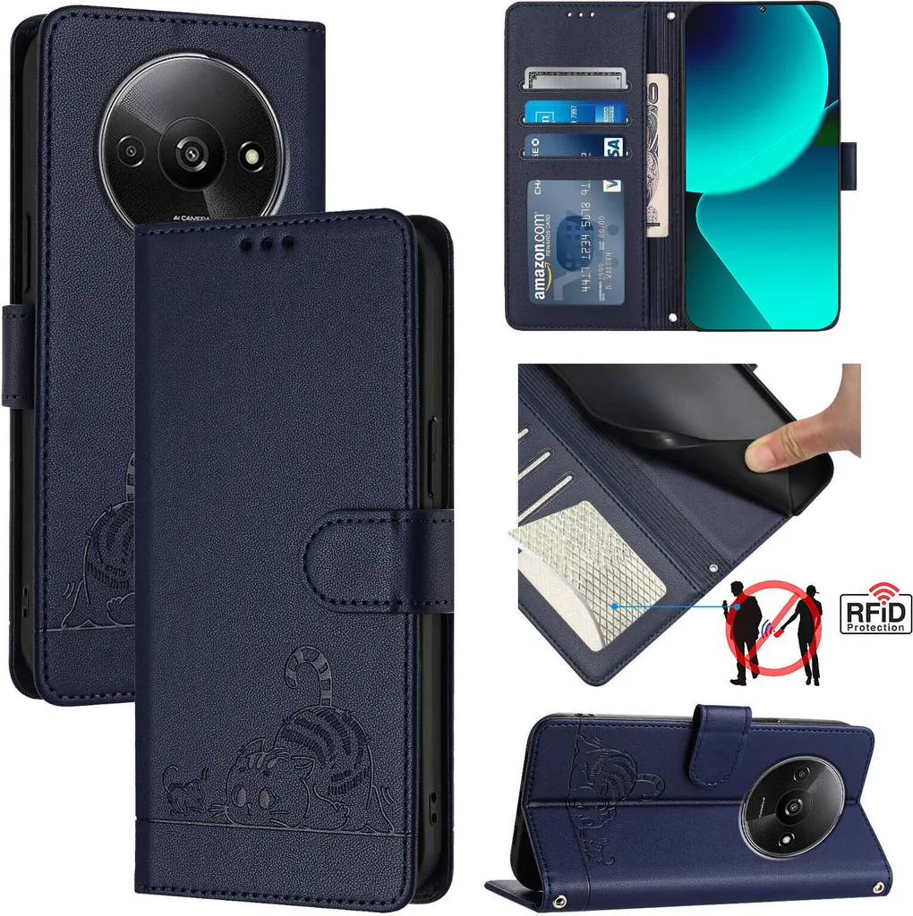 Cover Blu Gatto Xiaomi Redmi A3 / Poco C61 - Custodia Flip Portafoglio