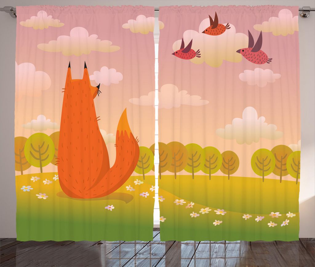 ABAKUHAUS Karikatur Rustikaler Gardine, Tier Fox-Tier, Schlafzimmer Kräuselband Vorhang mit Schlaufen und Haken, 280 x 175 cm, Orange Lila Grün