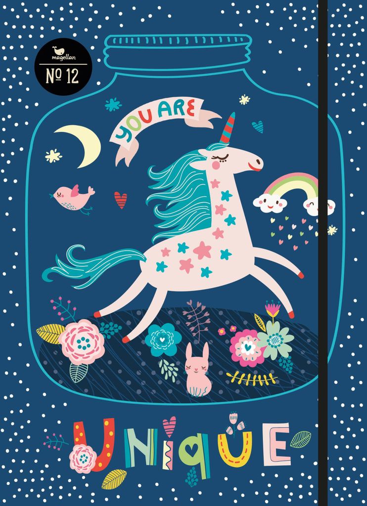 Notizbuch Einhorn No. 12 mit Lesebändchen, Gummiband und Produktbild 