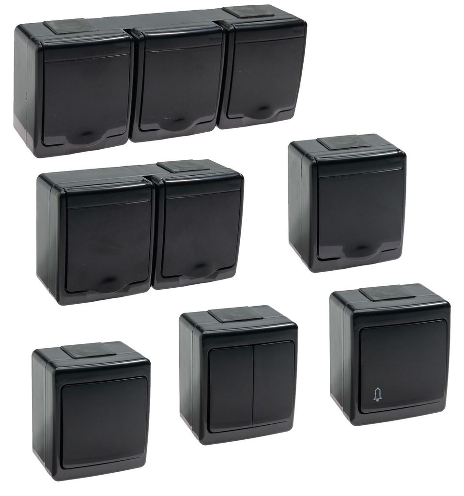 Aufputz-Serie in schwarz: Lichtschalter / Wechselschalter / Taster / Doppelschalter / Steckdose 1-fach, 2-fach oder 3-fach / Feuchtraum, IP44