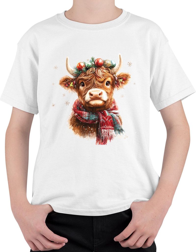 Weihnachten Niedliche Highland Kuh Schneeflocken Vintage Geschenk Uni Kinder T-Shirt, Weiß, 116