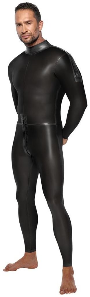 Orion Herren Latex Overall, Langarm, schwarz, Reißverschluss Schulter & Schritt, 0,4 cm Stärke