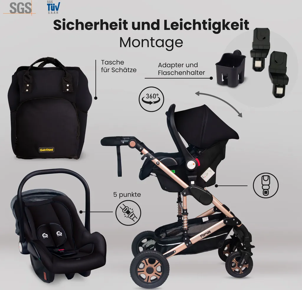 GaGaDumi Florida Poussette 3 en 1 avec Siège Auto et Roues en Gomme