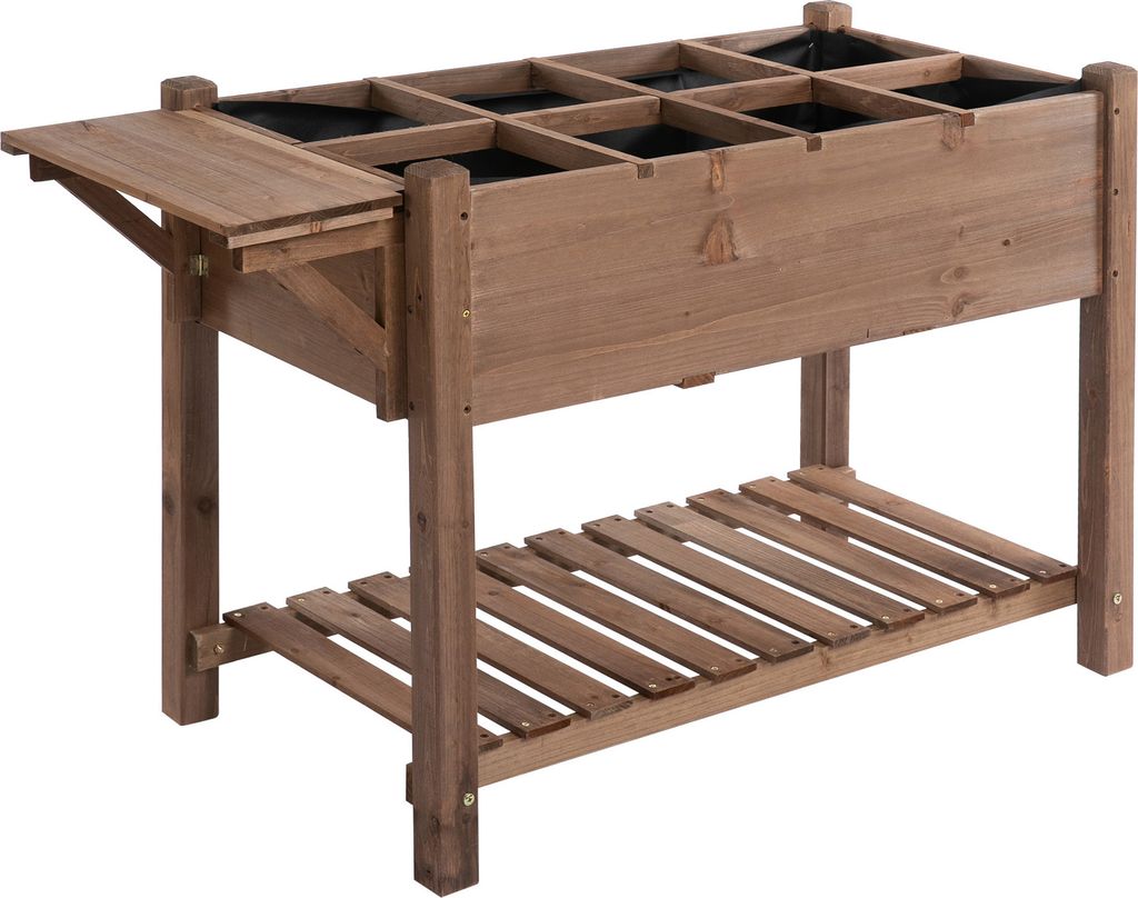 A wooden raised garden bed with multiple compartments and a lower shelf.