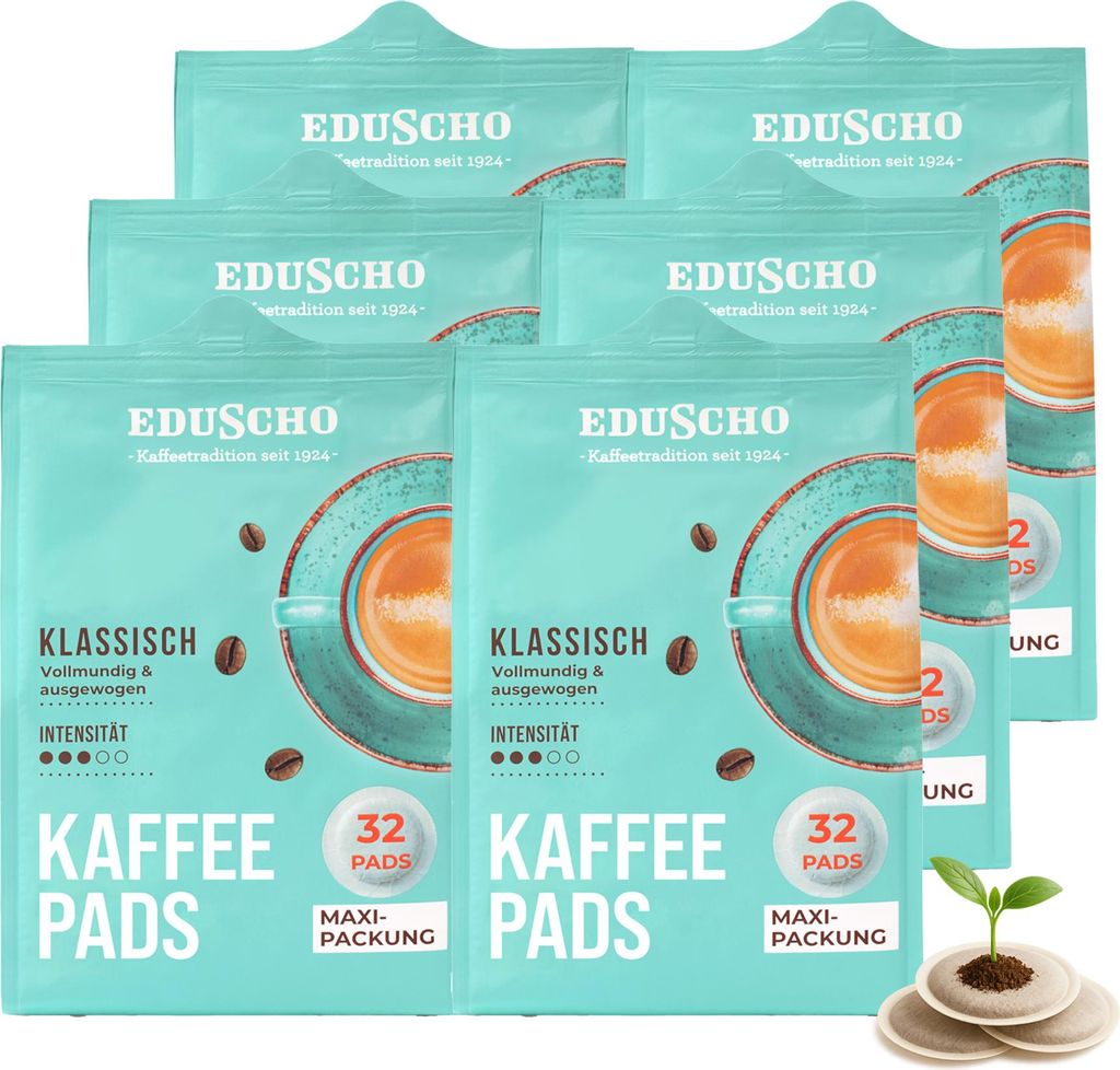 Eduscho Kaffeepads Vorratspack Maxi Packung, Klassisch, 192 Pads – 6 x 32 Pads, vollmundig & ausgewogen, für alle Pad Maschinen, industriell kom...