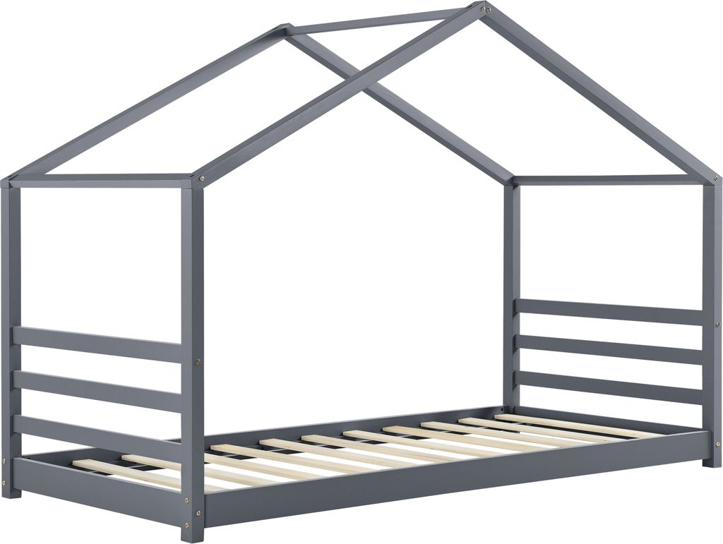 A dark gray house-shaped bed frame with a wooden slat base, shown from a side angle against a white background.