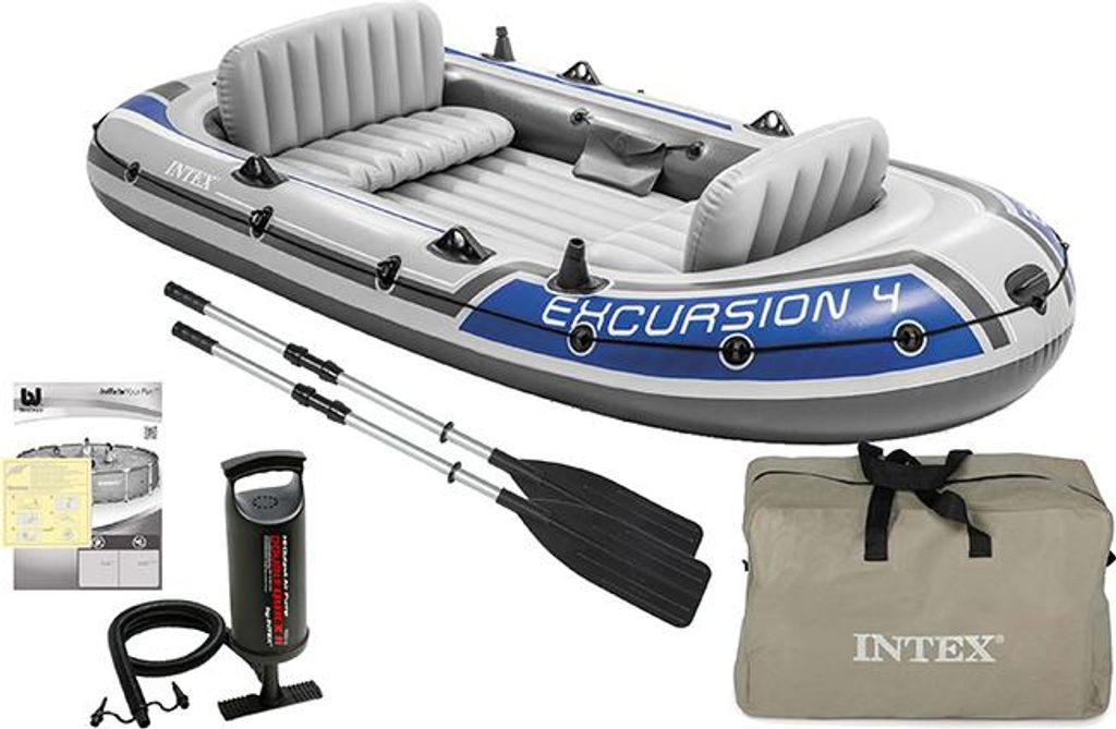 An inflatable boat set with accessories laid out on a white background.