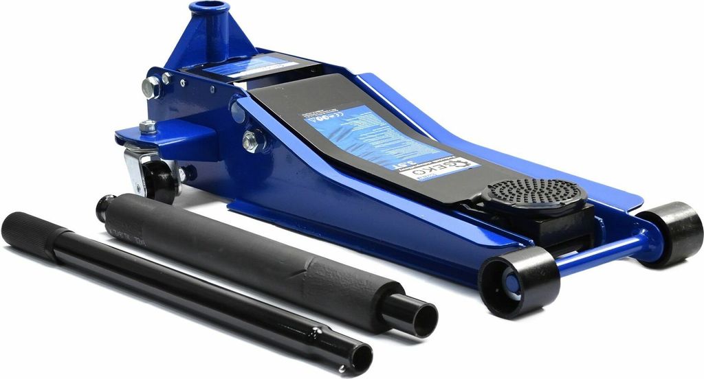 A blue hydraulic floor jack with two black handles is displayed on a white background.