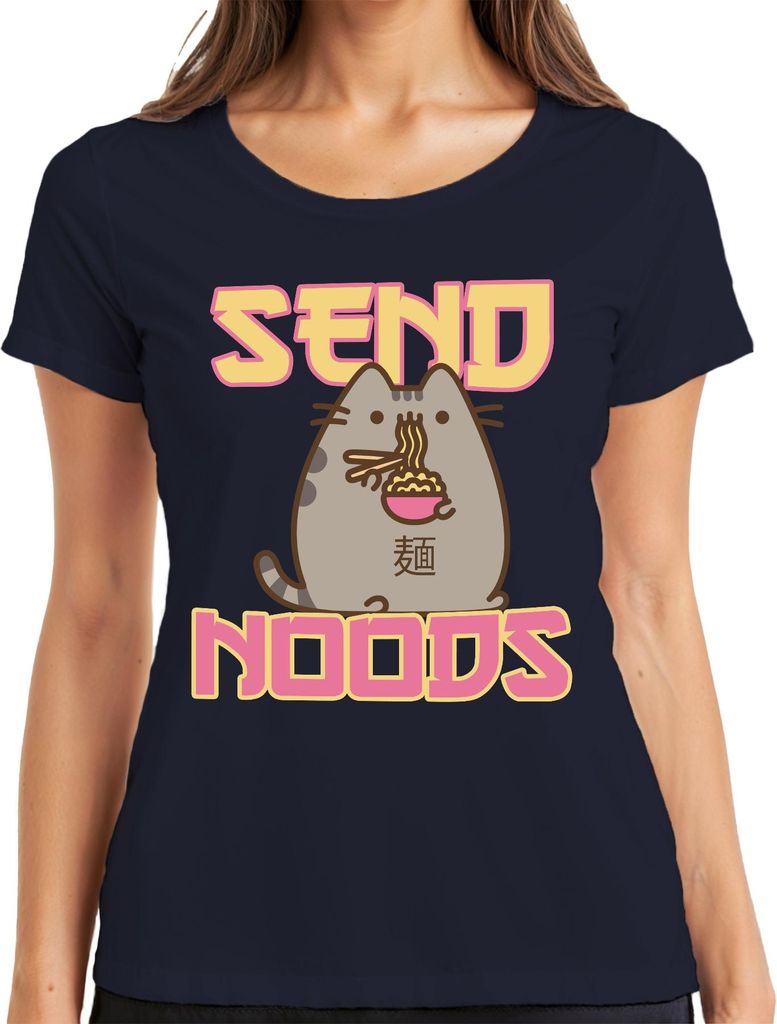 SEND NOODS Katze Nudeln Ramen Kawaii Lustig Geschenk süß Freundin Damen T-Shirt, Navy, S