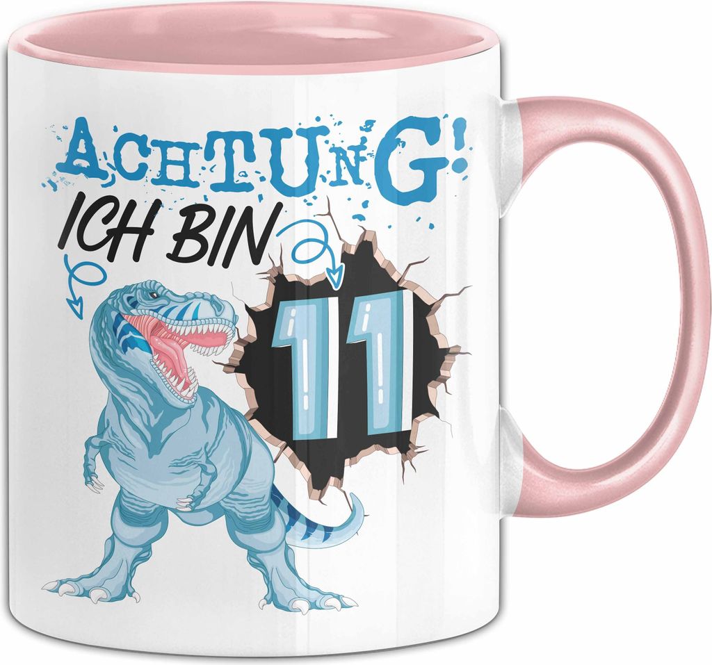 11. Geburtstag Geschenk Tasse Becher Jungs Sohn T-Rex Geburtstagsgeschenk Dinosaurier Achtung Ich bin 11 (Rosa)
