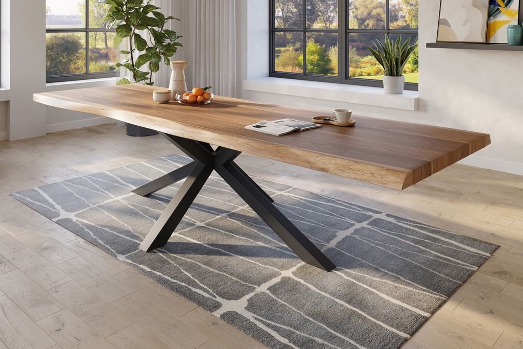 Baumkantentisch 300 x 110 cm Esstisch massiv Akazie Natur Spider-Gestell Schwarz TITAN