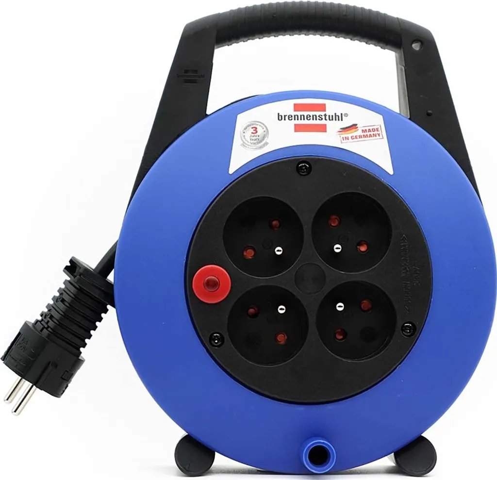 Brennenstuhl, avvolgicavo Vario-Line 5 m con 4 prese e maniglia, nero / blu